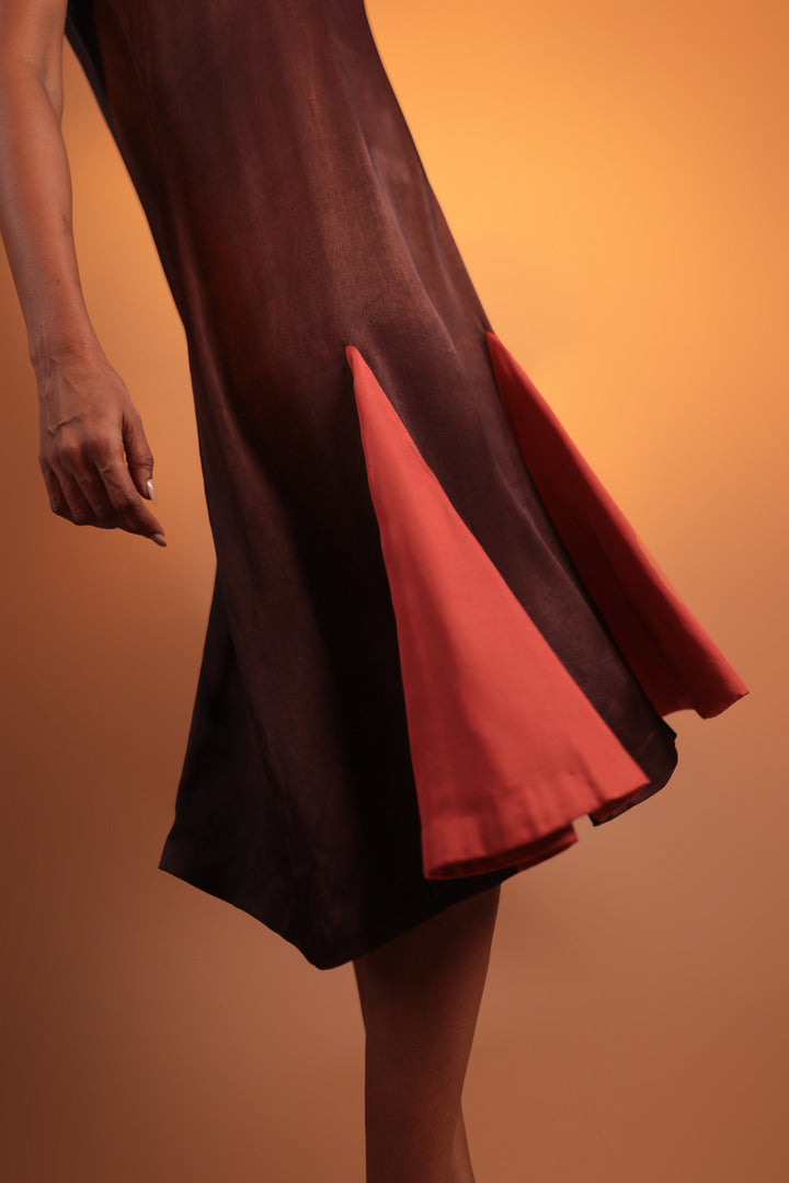 ORA Organics India | Antler Designer Luxury Women Fashion Dress in Orange & Rose Silk Fabric | Dark Brown & Burnt Orange