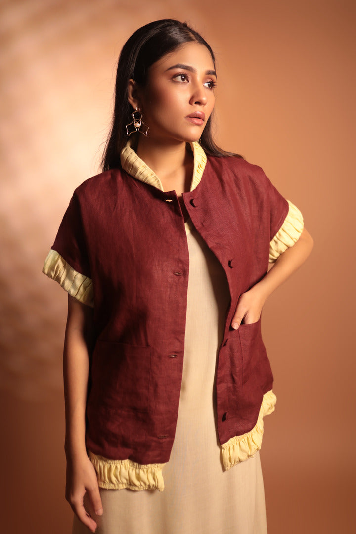 ORA Organics India | Ring Handcrafted Luxury Smocking Bomber Jacket | Dark Maroon