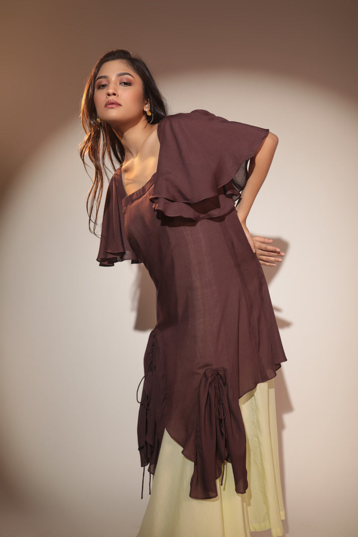 ORA Organics India | Cocoon Premium Organic Rose Fiber Layered Luxury  Maxi Dress | Dark Brown & Light Green