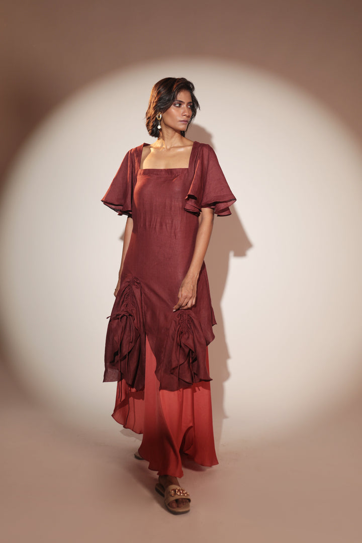 ORA Organics India | Cocoon Luxury Handcrafted Hemp & Rose Silk Fabric Maxi Dress | Dark Maroon + Burnt Orange