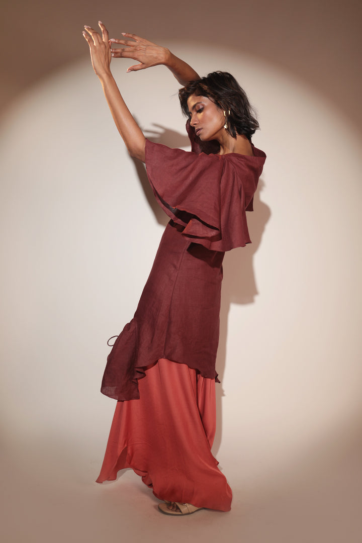 ORA Organics India | Cocoon Luxury Handcrafted Hemp & Rose Silk Fabric Maxi Dress | Dark Maroon + Burnt Orange