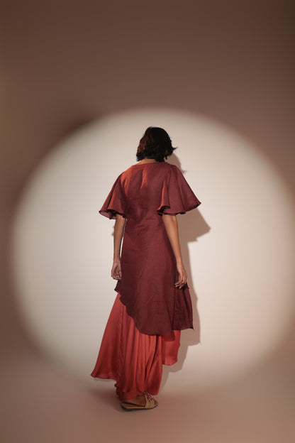 ORA Organics India | Cocoon Luxury Handcrafted Hemp & Rose Silk Fabric Maxi Dress | Dark Maroon + Burnt Orange