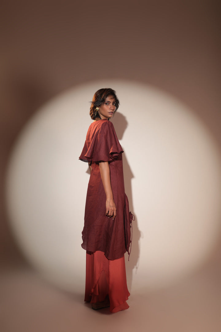 ORA Organics India | Cocoon Luxury Handcrafted Hemp & Rose Silk Fabric Maxi Dress | Dark Maroon + Burnt Orange