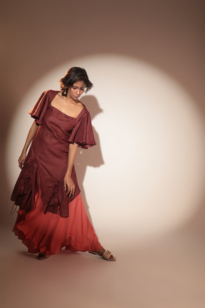 ORA Organics India | Cocoon Luxury Handcrafted Hemp & Rose Silk Fabric Maxi Dress | Dark Maroon + Burnt Orange