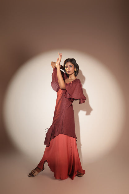 ORA Organics India | Cocoon Luxury Handcrafted Hemp & Rose Silk Fabric Maxi Dress | Dark Maroon + Burnt Orange