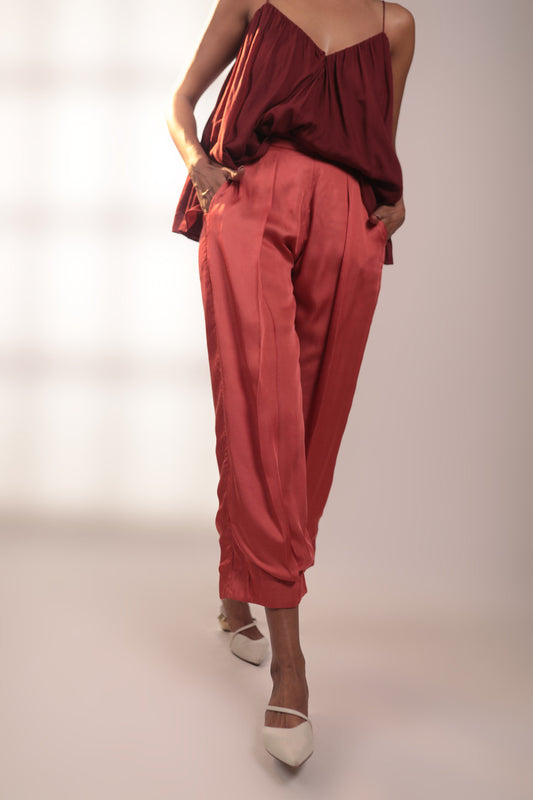 Micro Pleated Pants in Rose Silk Fiber Fabric | Burnt Orange