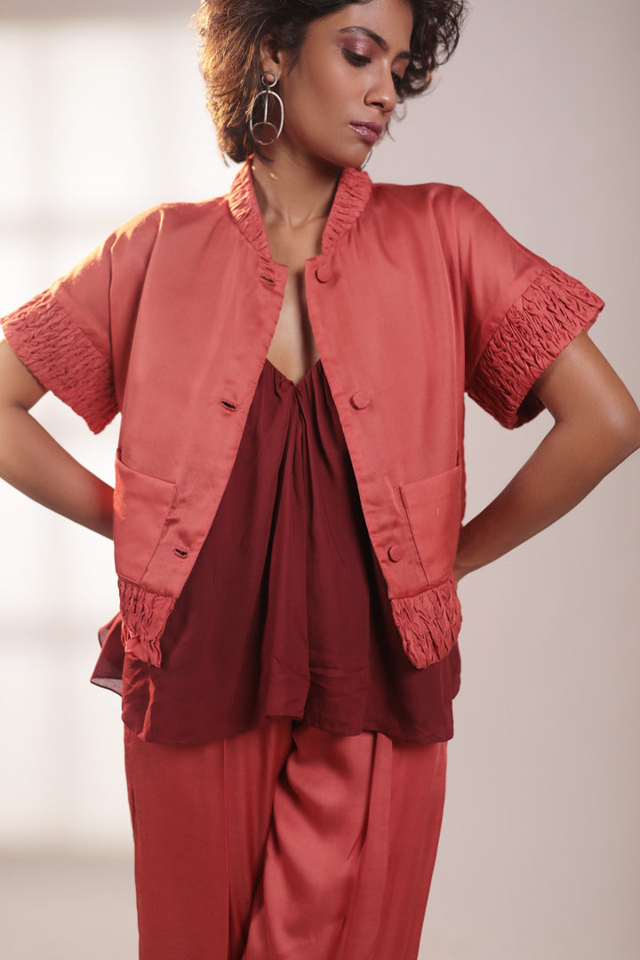 ORA Organics India | Pond Premium Organic Rose Silk Luxury Bomber Jacket | Burnt Orange