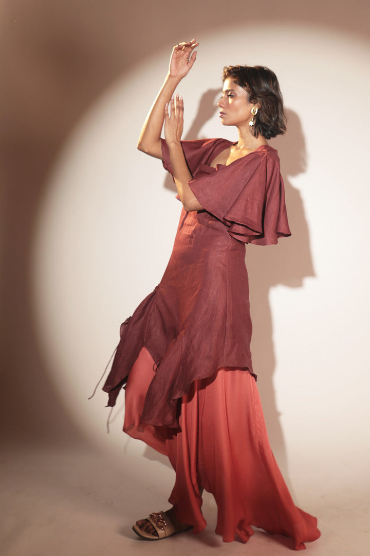 ORA Organics India | Cocoon Luxury Handcrafted Hemp & Rose Silk Fabric Maxi Dress | Dark Maroon + Burnt Orange