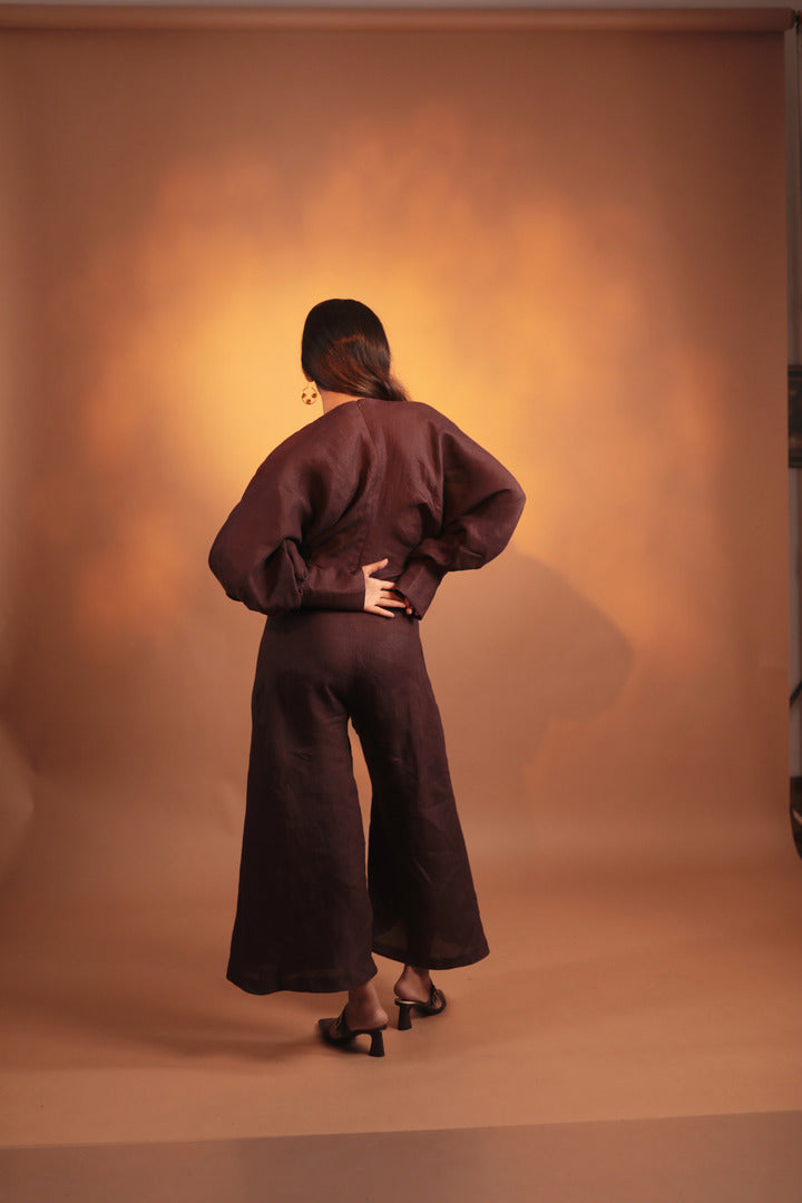 ORA Organics India | Fall Handcrafted Luxury Embroidered Jumpsuit in Hemp Fiber | Dark Brown