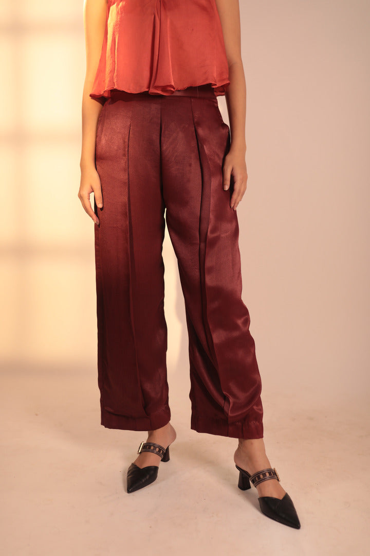 ORA Organics India | Micro Handcrafted Luxury Orange Fiber Pleated Luxury Pants | Dark Maroon