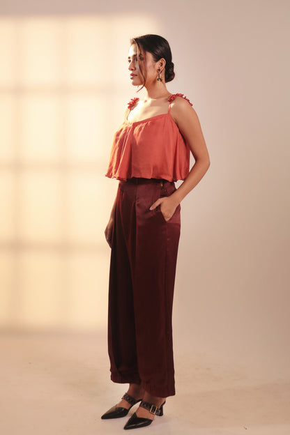 ORA Organics India | Micro Handcrafted Luxury Orange Fiber Pleated Luxury Pants | Dark Maroon