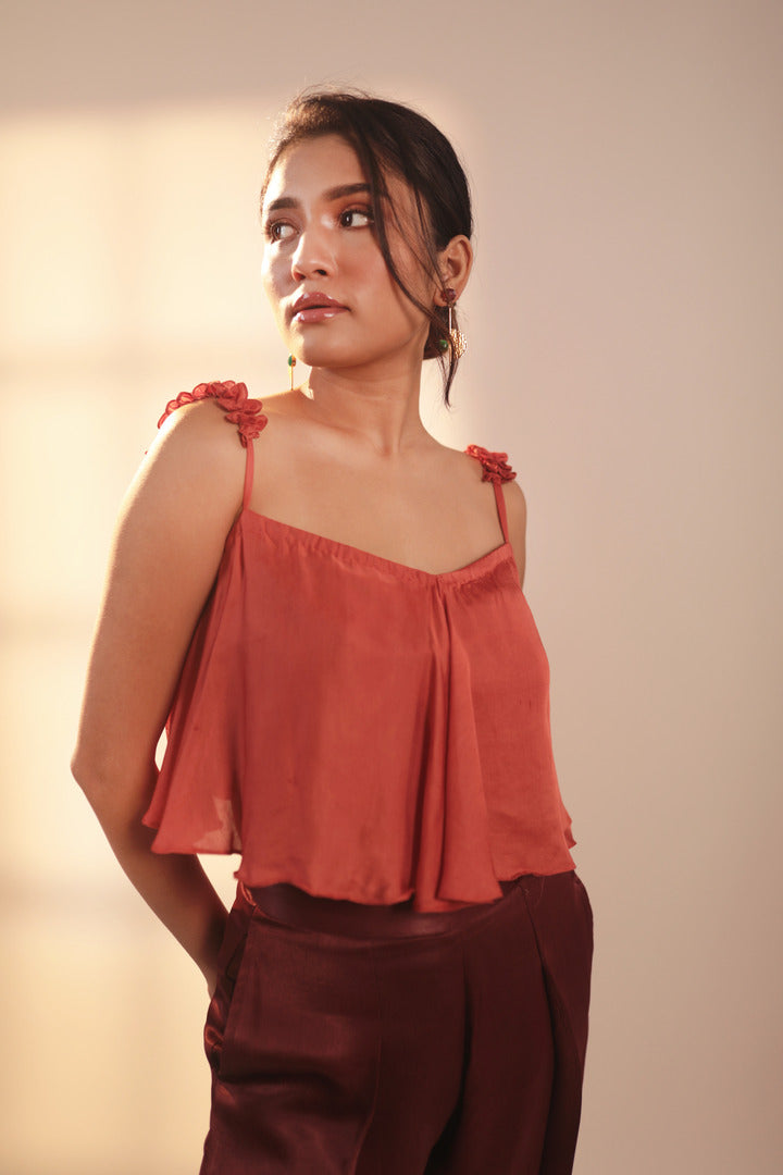 ORA Organics India | Fragment Premium Rose Silk Luxury Smocked Top | Burnt Orange