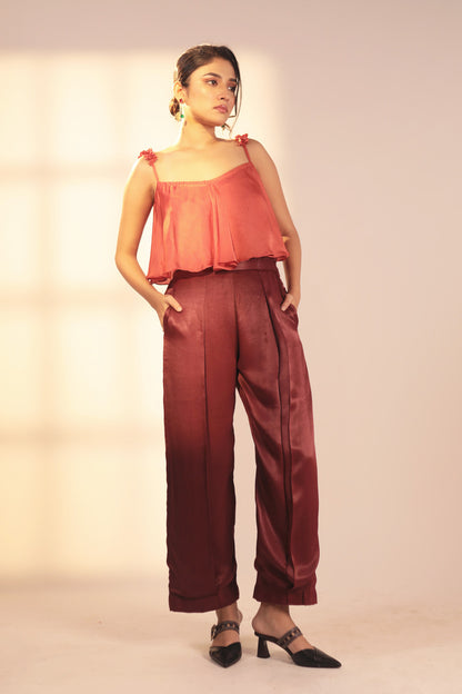 ORA Organics India | Micro Handcrafted Luxury Orange Fiber Pleated Luxury Pants | Dark Maroon