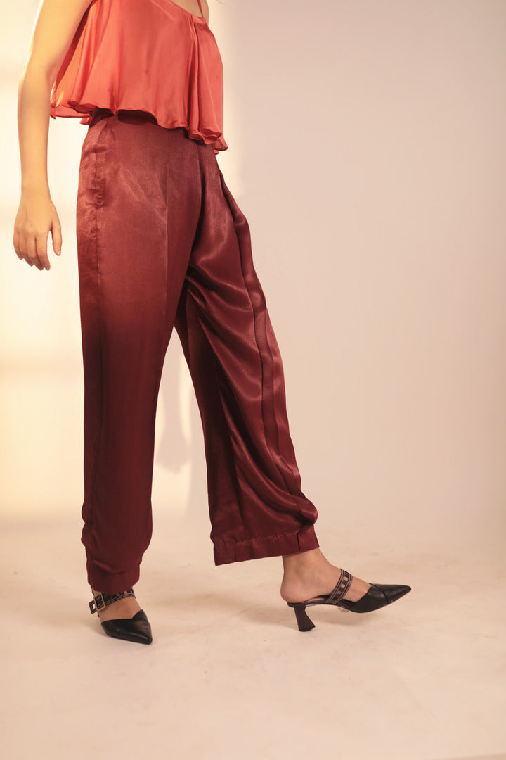 ORA Organics India | Micro Handcrafted Luxury Orange Fiber Pleated Luxury Pants | Dark Maroon