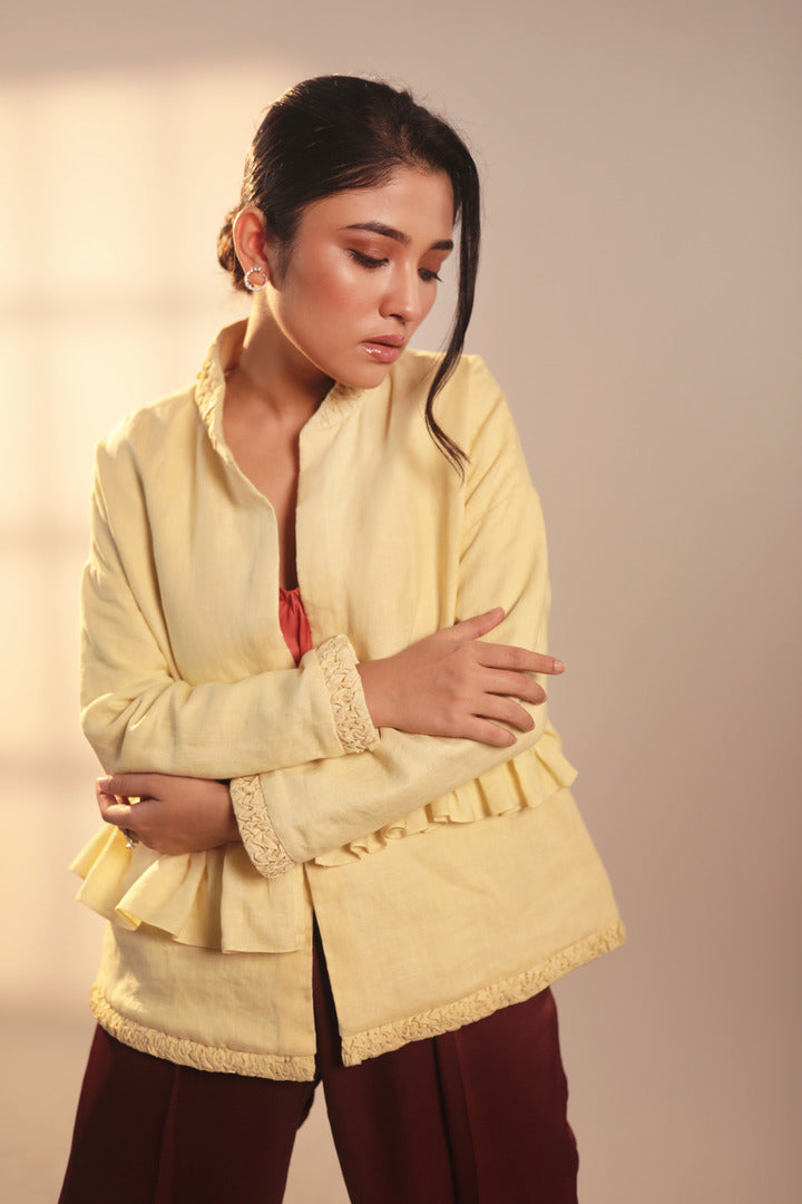 ORA Organics India | Ripple Designer Smocking Luxury Bomber Jacket in Rose Fiber | Light Yellow