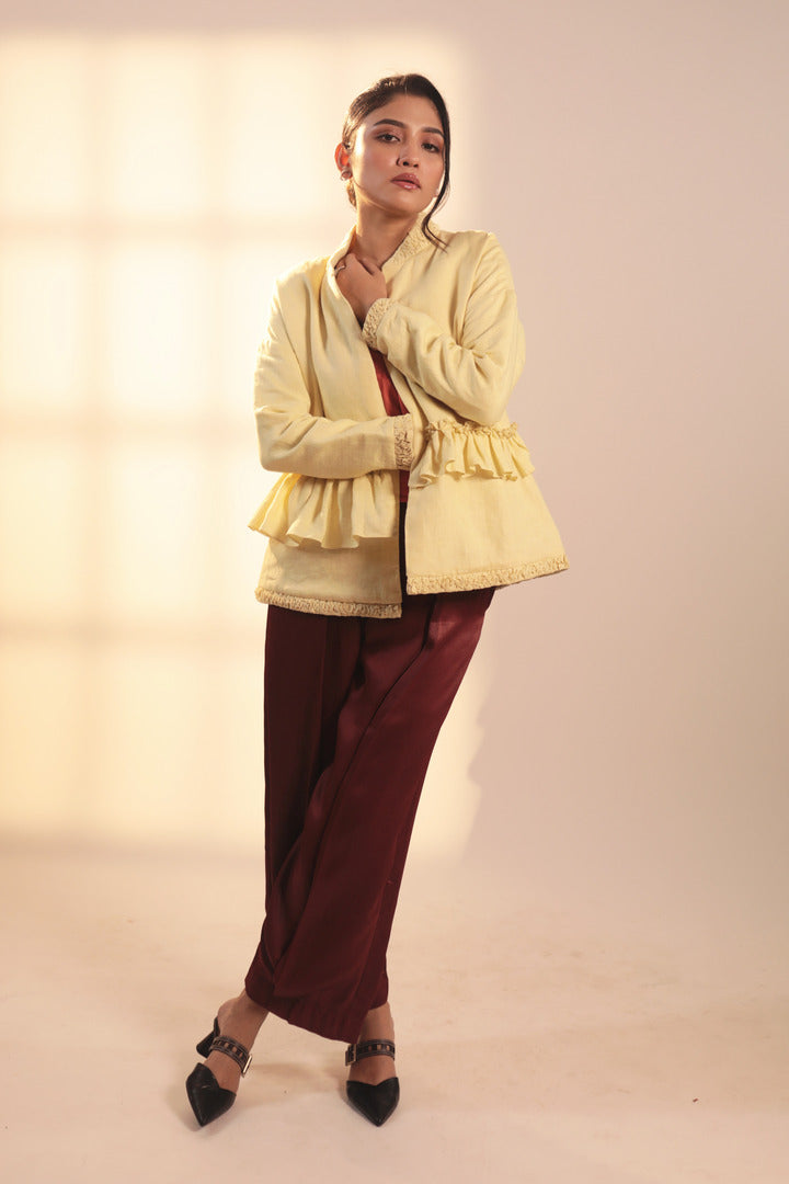 ORA Organics India | Ripple Designer Smocking Luxury Bomber Jacket in Rose Fiber | Light Yellow