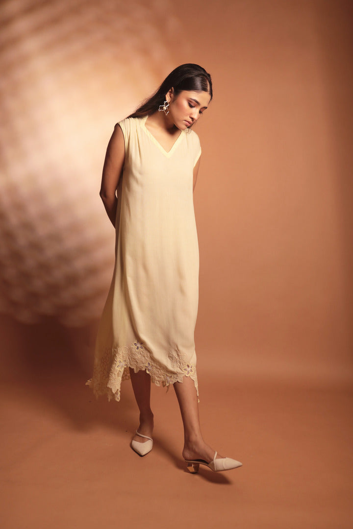 ORA Organics India | Lake Premium Sustainable Rose Fiber Embroidery Luxury Midi Dress | Light Yellow