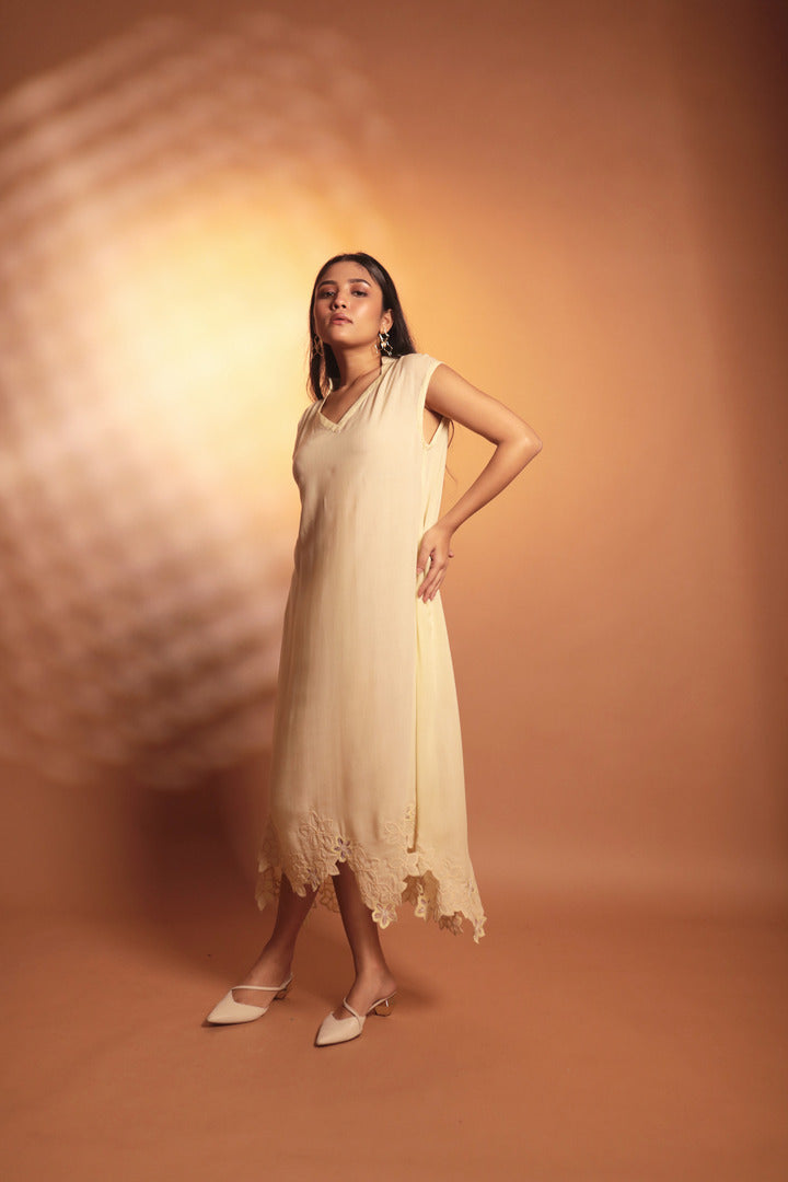 ORA Organics India | Lake Premium Sustainable Rose Fiber Embroidery Luxury Midi Dress | Light Yellow