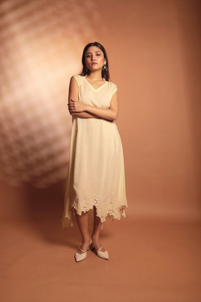 ORA Organics India | Lake Premium Sustainable Rose Fiber Embroidery Luxury Midi Dress | Light Yellow