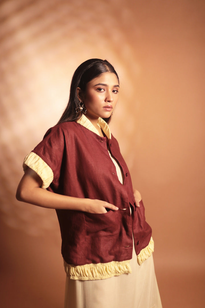 ORA Organics India | Ring Handcrafted Luxury Smocking Bomber Jacket | Dark Maroon