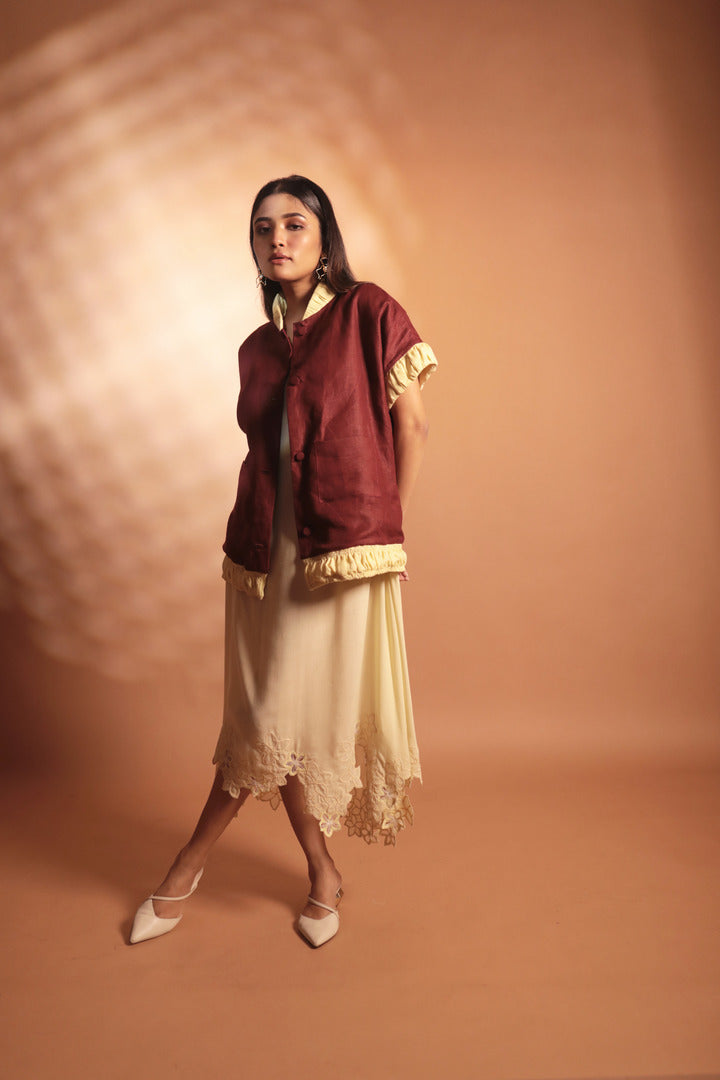 ORA Organics India | Ring Handcrafted Luxury Smocking Bomber Jacket | Dark Maroon