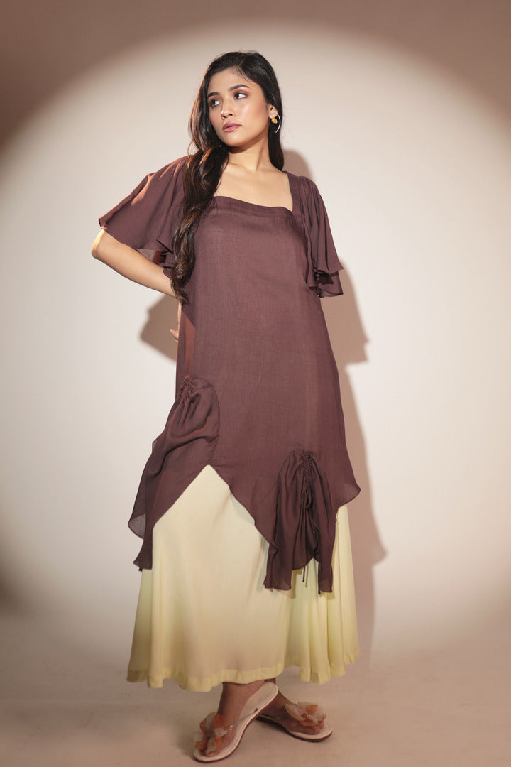 ORA Organics India | Cocoon Premium Organic Rose Fiber Layered Luxury  Maxi Dress | Dark Brown & Light Green