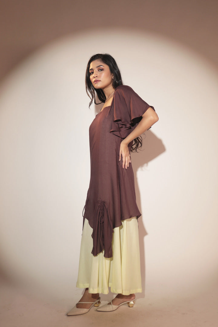 ORA Organics India | Cocoon Premium Organic Rose Fiber Layered Luxury  Maxi Dress | Dark Brown & Light Green