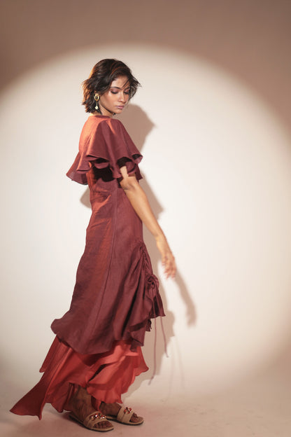 ORA Organics India | Cocoon Luxury Handcrafted Hemp & Rose Silk Fabric Maxi Dress | Dark Maroon + Burnt Orange