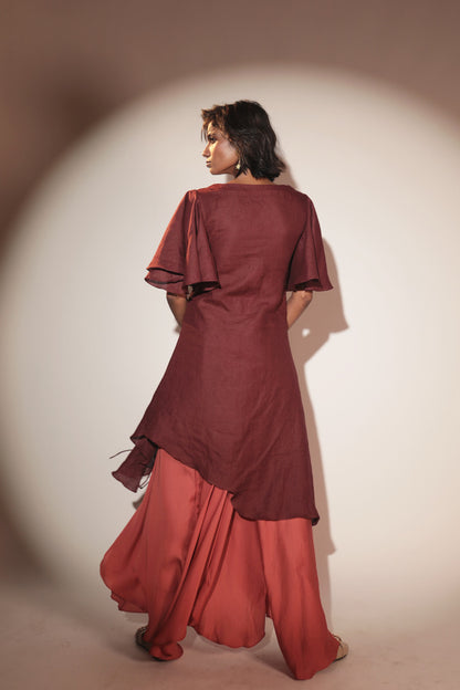 ORA Organics India | Cocoon Luxury Handcrafted Hemp & Rose Silk Fabric Maxi Dress | Dark Maroon + Burnt Orange