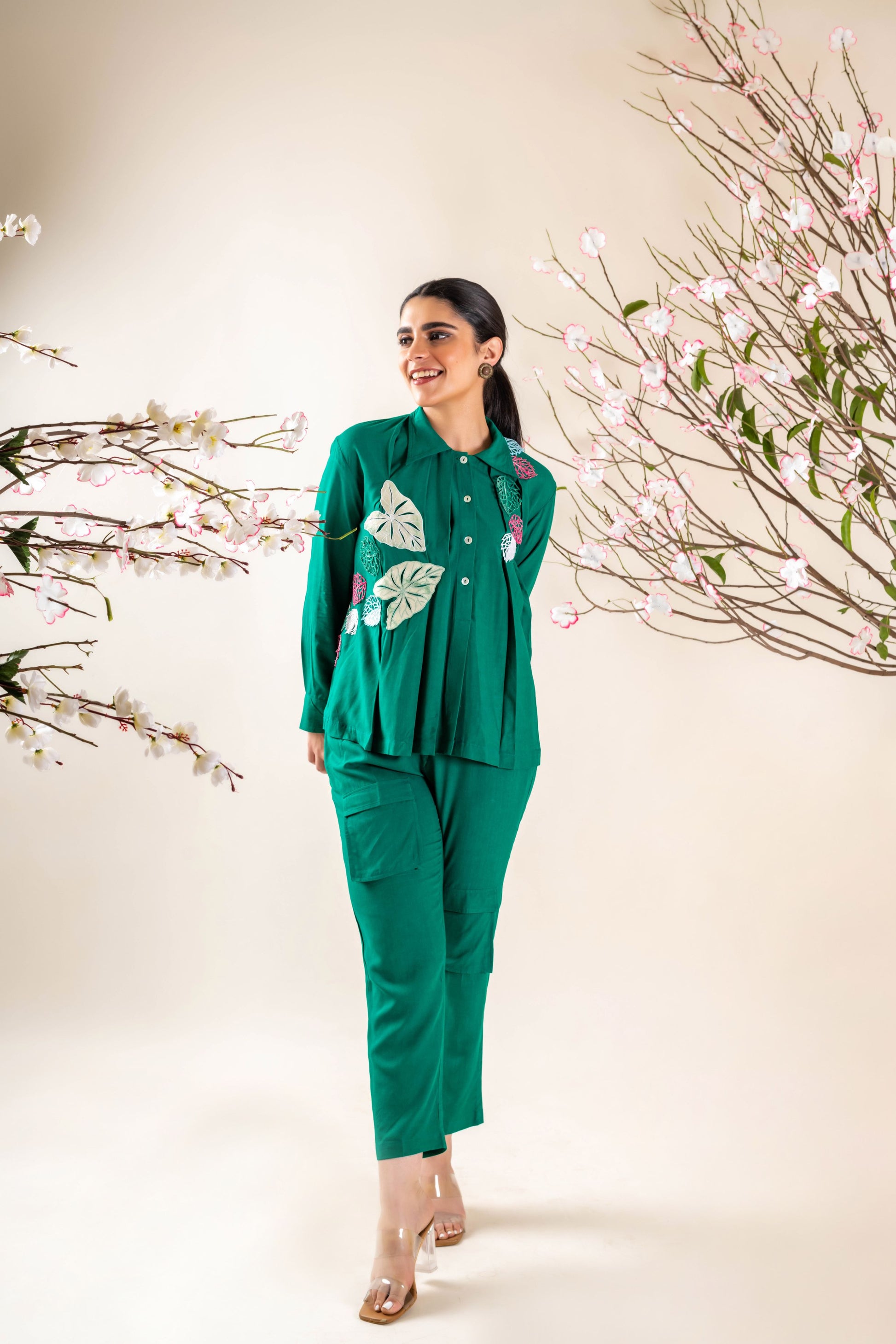 Green  Round With Collar Organic Co-ord Set for Women 