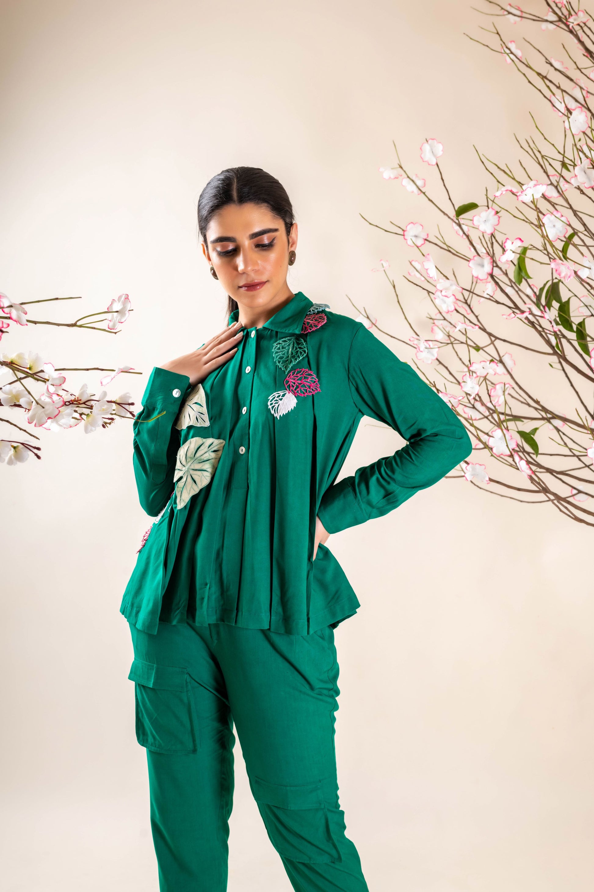 Green  Round With Collar Organic Co-ord Set for Women 