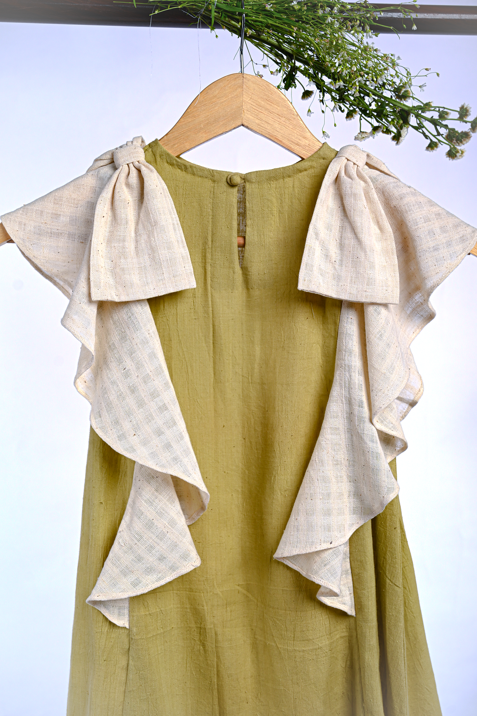 Handspun Handwoven Green Bow  Organic Cotton Dress for Girls | Sustainable Baby Organic Clothing | Dyed with Herbal Extracts | 100% Organic Cotton Kids Clothing  | ORA Organic India