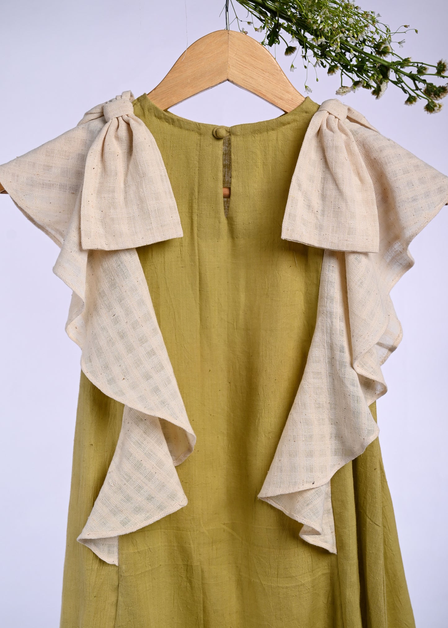 Handspun Handwoven Green Bow  Organic Cotton Dress for Girls | Sustainable Baby Organic Clothing | Dyed with Herbal Extracts | 100% Organic Cotton Kids Clothing  | ORA Organic India