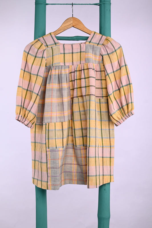 Handspun Handwoven Multicolor Blocks  Organic Cotton Dress for Girls | Sustainable Baby Organic Clothing | Dyed with Herbal Extracts | 100% Organic Cotton Kids Clothing  | ORA Organic India